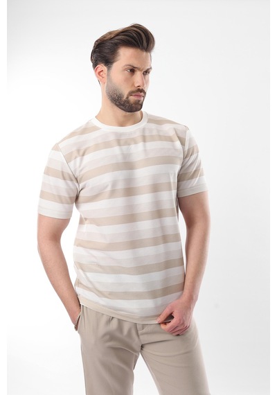 Madmext Bej Bisiklet Yaka Çizgili Erkek T-shirt E7118 Bej