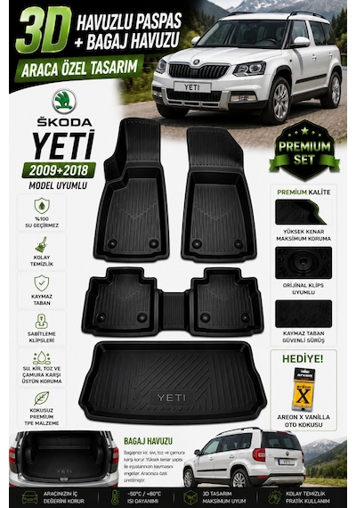 Skoda Yeti 2018 Model Uyumlu 3d Araca Özel Havuzlu Paspas+bagaj Havuzu Birebir Uyum