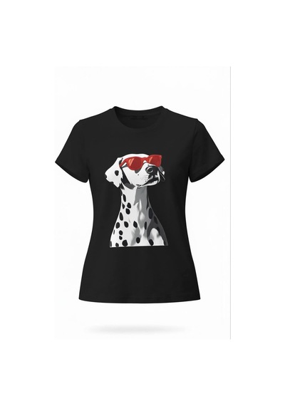 Kadın Siyah Dalmaçyalı Köpek Baskılı Pamuk T-shirt Siyah