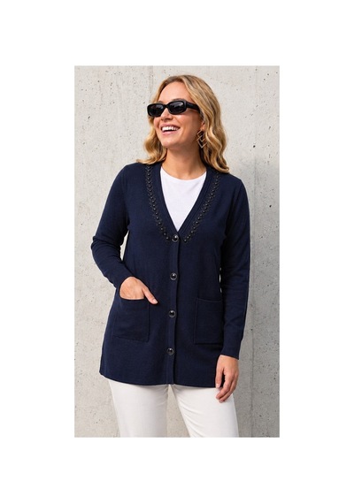 Onno Style Women Yakası Taşlı Çelik Örgü Triko Kadın Ceket Lacivert