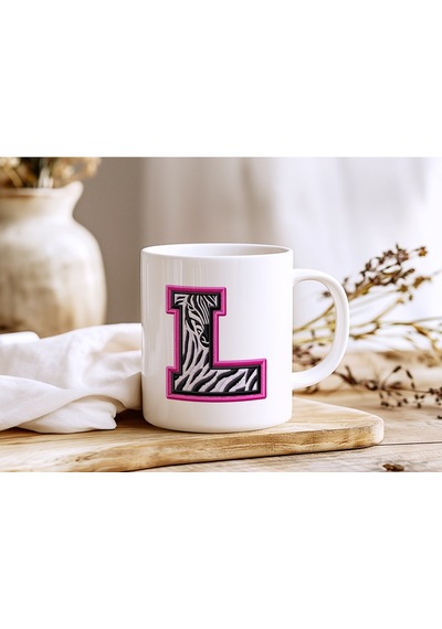 L Harfi Zebra Deseni Ve Pembe Kenarlı Kupa Bardak - Kişiye Özel Nakış Efektli - Siyah Beyaz Pembe Beyaz