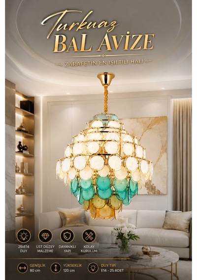 Modern Premium Turkuaz Bal Cam Taşlı Lüks Avize Gold Gövdeli Salon Yemek Odası Avizesi 25xe14 Duy Beyaz