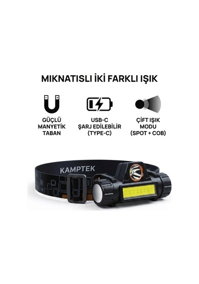 Mıknatıslı Şarjlı Led Kafa Lambası - Tamir, Kamp Ve Koşu İçin Uygun Pro Fener Siyah