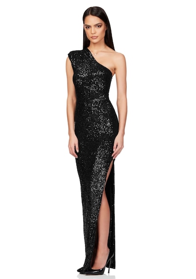 Hanife Glam Couture Tek Omuz Büzgü Detaylı Pulpayet Abiye Elbise Siyah