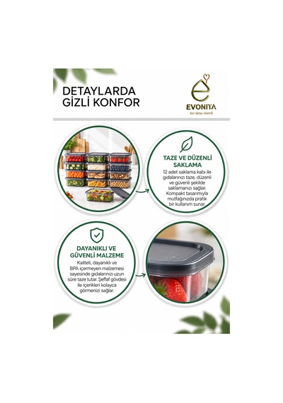 Evonıta 12 Li Saklama Kabı Seti Kapaklı Şeffaf Gıda Saklama Kabı, Mutfak Ve Buzdolabı Düzenleyici Set