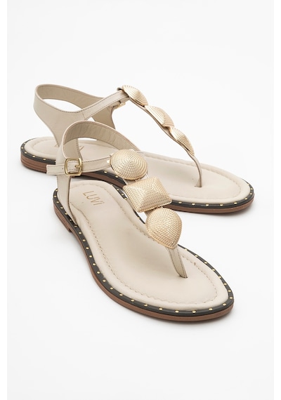 Luvishoes Luvi Shoes Helen Bej Hakiki Deri Parmak Arası Gold Tokalı Kadın Sandalet Bej