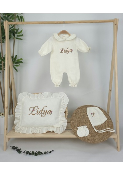 Gros Shop Müslin Yeni Doğan 4katlı Organik %100pamuk Kişiye Özgü Nakışlı Hastane Çıkış Seti Papatya Model-9 Ekru-1