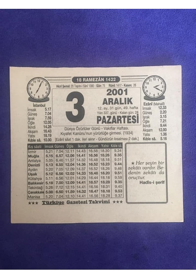 3 Aralık 2001 Takvim Yaprağı - Nostalji Koleksiyonluk Takvim Yaprağı B