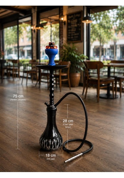 Premium Siyah Nargile Takımı 75 Cm Cam Şişeli Lüleli Modern Tasarım Balkon & Kafe Ko