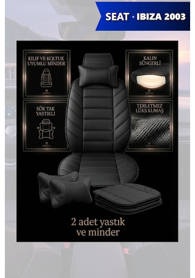 İbiza 2003 Uyumlu Lüks Siyah Renk Premium 2 Adet Minder Ve Yastık