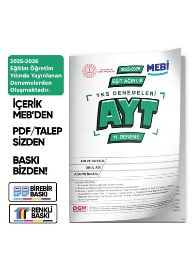 2026 Yks-ayt Eşit Ağırlık Tm Mebi Online Türkiye Geneli 11. Deneme Büyük Boy Renkli Baskı Ücreti