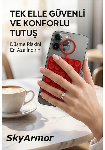 Vantuzlu Telefon Tutucu Silikon Yapışkanlı Sabitleyici, Selfie Ve Video İçin Duvar Askısı Sky163 Kırmızı