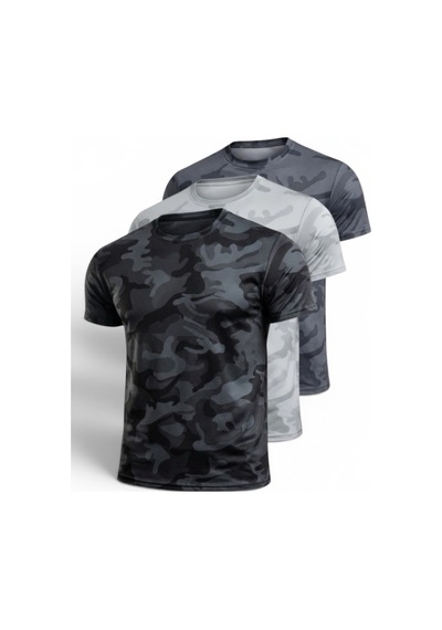 Serablanka 3'lü Erkek Nem Emici Hızlı Kuruma Atletik Teknik Kamuflaj Desenli Spor T-shirt Siyah-gri-füme