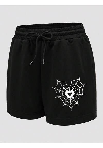 Spider Web & Heart Print Drawstring Waist Şort Siyah