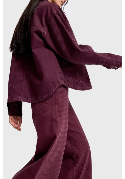 Kadın Bordo Renk T-6w5-122 Oversize Parlak Taşlı Özel Tasarım Denim Ceket