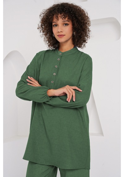 Bigdart 6678 Keten Tunik Pantolon İkili Takım - Zümrüt Yeşili