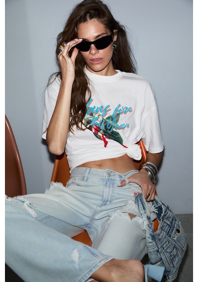 Grımelange Cassıane Kadın Bisiklet Yaka Kısa Kollu Ön Ve Arka Baskılı Regular Beyaz T-shirt