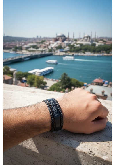 İstanbul Yazılı Hakiki Deri Erkek Bileklik Siyah