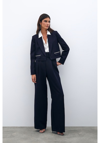 Sateen Cep Taş Detaylı Kısa Ceket - Lacivert-135557 Lacivert