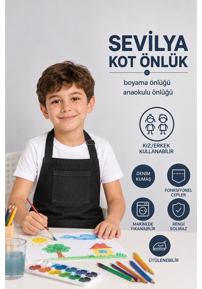 Çocuk Kot Mutfak Önlüğü Boyama Önlüğü Resim Önlüğü Anaokulu Önlüğü Siyah