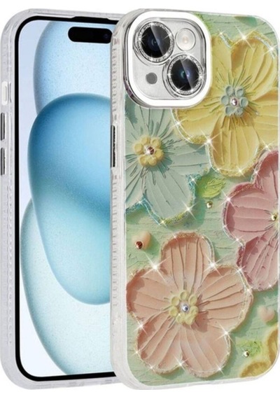 Apple Uyumlu iPhone 14 Kılıf Çiçek Desenli Parlak Taşlı Sert Silikon Zore Garden Kapak Colorful