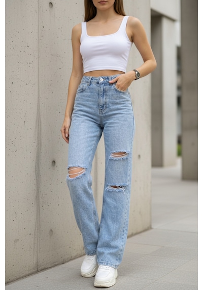 Woddi Bella Taş Salaş Dizi Yırtık Rahat Kesim Palazzo Jeans Kot Pantolon