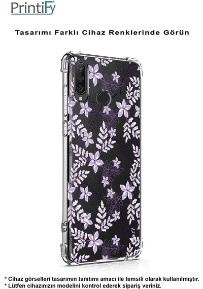 Vivo Y16 Uyumlu Köşe Korumalı Floral Lila Tasarımlı Şeffaf Silikon Kılıf