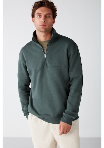Grımelange Frame Erkek Yarım Fermuarlı Dik Yakalı Yumuşacık Kumaşlı Polarlı Regular Yeşil Sweatshirt