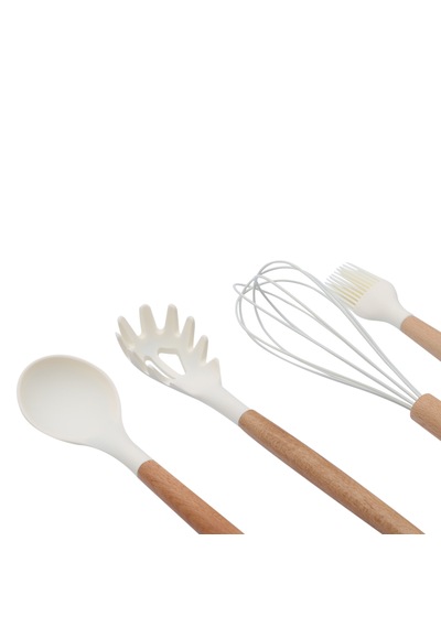 8 Parça Bambu Saplı Silikon Kepçe Spatula Mutfak Seti Krem