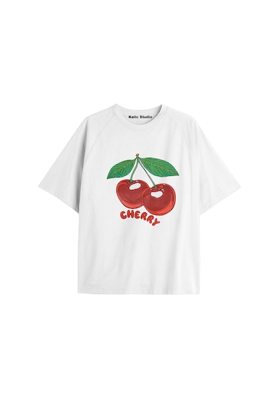 Kalic Studio Y2k Vintage Cherry Baskılı Siyah T-shirt Kod 45 Beyaz-45