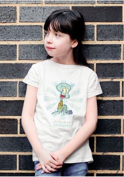 Sevbano Süngerbob Squidward Baskılı Unisex Çizgi Film Çocuk Tişört 1-12 Beyaz