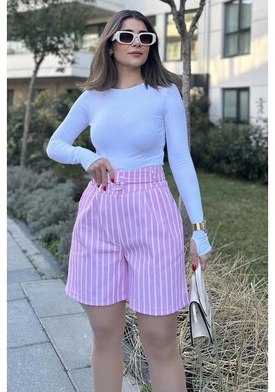 WeShaya Kadın Pembe Kemerli, Yüksek Bel, Pliseli, Rahat Kesim, Gabardin Şort Pembe