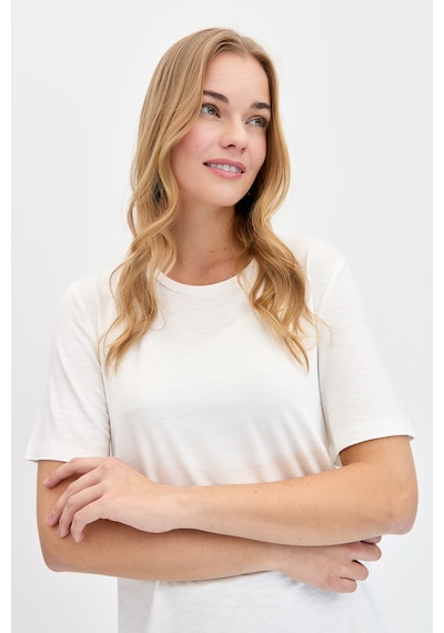 Kadın Sıfır Yaka Flamlı Kumaş Penye Tshirt Ekru Ekru