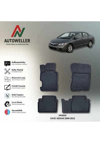 Honda Civic 2006-2012 Uyumlu Havuzlu Oto Paspas Sedan