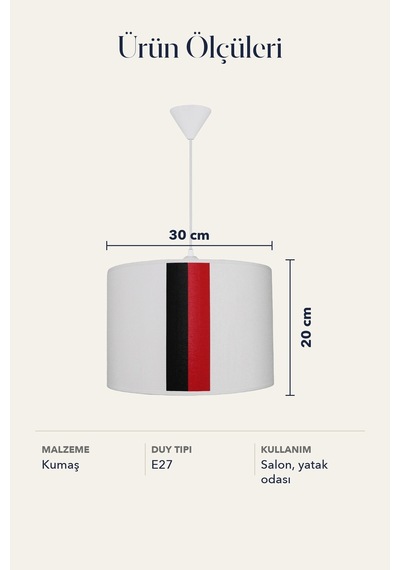 Şenay Aydınlatma Modern Silindir Kumaş Sarkıt Avize Beyaz Kırmızı Siyah Şeritli Tavan Lambası