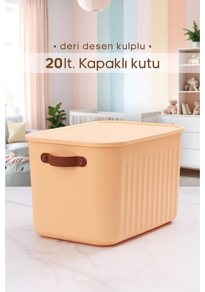 Kulplu Sarı Dolap Düzenleyici 20 Lt Kapaklı Saklama Kutusu Sepet Oyuncak Kutusu Organizer