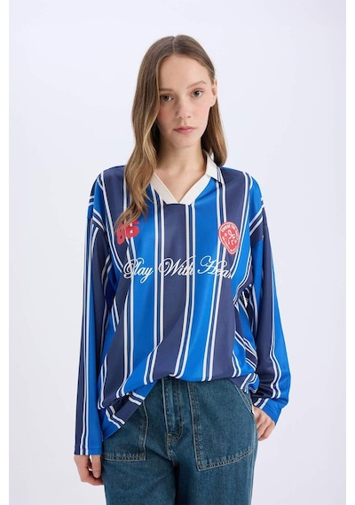 DeFacto Coool Oversize Geniş Kalıp Polo Yaka Baskılı Forma Kumaşı Uzun Kollu Tişört E5373AX25SPNV241 DeFacto Coool Oversize Geniş Kalıp Polo Yaka Baskılı Forma Kumaşı Uzun Kollu Tişört E5373AX25SPNV241