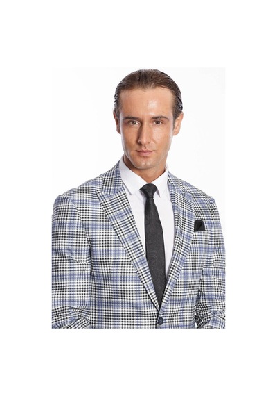 Wessi Ekose Desenli Slim Fit Siyah Mavi Erkek Ceket - Wessi Mavi - Siyah