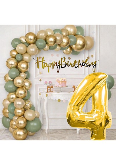 4 Yaş Pompa Hediyeli Doğum Günü Seti Gold Banner Krom Gold Küf Yeşili Kum Beji Balonlar Gold Folyo Rakam Çok Renkli