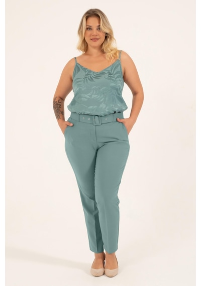 Myline Cep Detaylı Kemerli Klasik Pantolon-Mint Mint Yeşili
