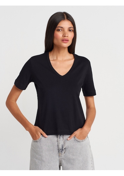 Dilvin 31840 V Yaka Kısa Kollu T-shirt-siyah SIYAH