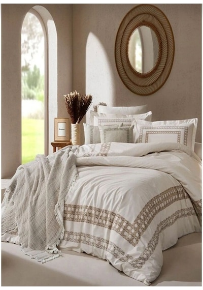 Çift Kişilik Çarşafı Lastikli Nevresim Takımı Aurea Krem Renkli