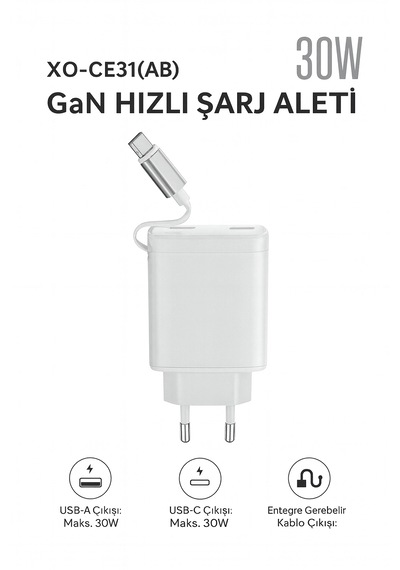 30w Gan Hızlı Şarj Cihazı Usb-a Usb-c Çıkışlı, Entegre Kablolu