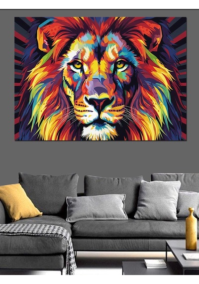 Ahşap Tablo Renkli Aslan Başı Pop Art