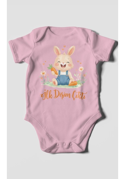 Morivokids İlk Dişim Çıktı Kısa Kollu Bebek Body %100 Pamuk Zbn119-kk Koyu Pembe