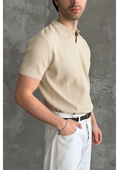 Erkek Petek Desen Polo Yaka Triko T-shirt Bej