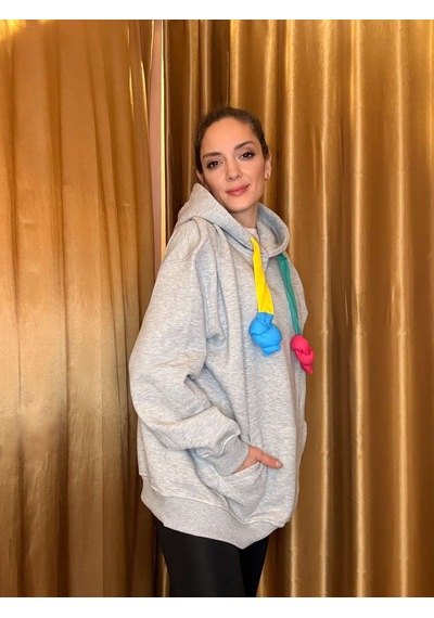 Ali Butik Renkli Kordon Detaylı Gri Sweatshirt Gri