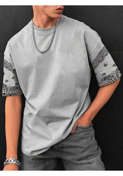 Altamira Erkek Duman Gri Kol Desenli Oversize T-shirt 001