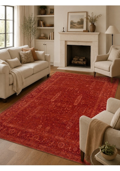 Shiraz Shr 03 Red Vintage Eskitme Tarzı Yumuşak Dokulu Salon Halısı Oturma Odası Halısı Kırmızı