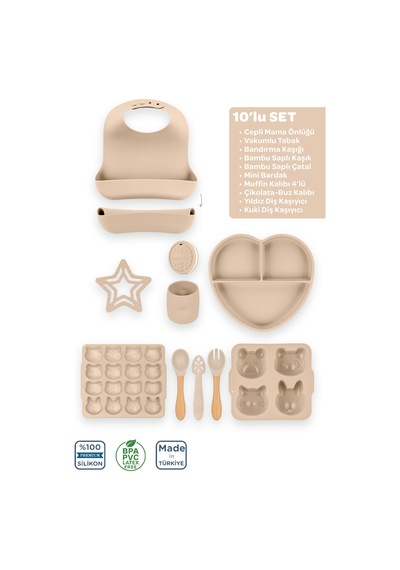 Silikon 10'lu Set Latte Bej / Önlük, Tabak, Kaşık, Çatal, Bardak, Diş Kaşıyıcı, Buz Kalıbı...